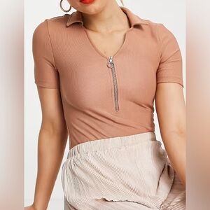 Vero Moda Tan Ribbed Bodysuit with Zipper (New)